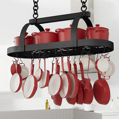 KES 48 Inch Large Hanging Pot Rack, Heavy Duty Oval Pot and Pan Hanging Rack Ceiling Mount, Pot Pan Hangers for Kitchen with 20 Hooks, Matte Black, (For 16" and 24" Joist Mount), KUR225S122-BK by KES