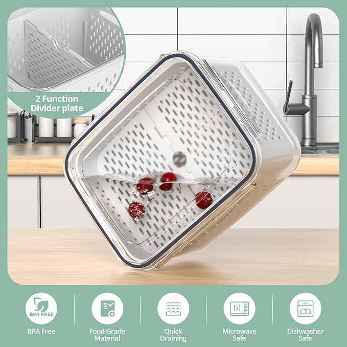 Fruit Storage Containers for Fridge with Removable Colander, 8 Pack Fruit Containers for Fridge with 2 Function Divider Plate, Airtight Storage Container to Keep Berry Fruit Fresh, Dishwasher Safe - Image 2