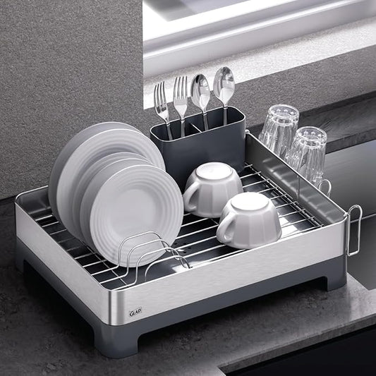 Glad Stainless Steel Dish Drying Rack - Large Space Saving Dish Drainer with Removable Cutlery Holder - Rust-Resistant Metal Rack with Adjustable Drain Spout for Kitchen Countertops, (12.6”W x 17.7”L)