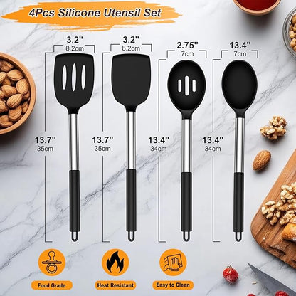 Yoehka Silicone Cooking Utensils Set for Nonstick Cookware, 4Pcs Heat Resistant Kitchen Silicone Spatula and Spoon Set with Stainless Steel Handle, Mixing, Flipping, Turning, Stirring, Black - Image 2