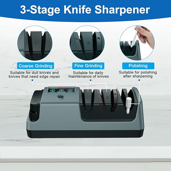 5-in-1 Electric Knife Sharpener for Kitchen Knives, 3-Stage Sharpener with 100% Diamond Abrasive, LCD Screen, Speed Adjustable, Knife Sharpener for All Kitchen Knives Quick Sharpening, Scissors - Image 4