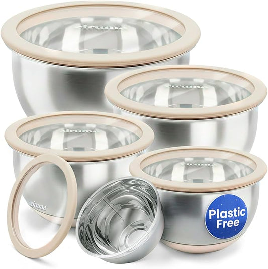 Ziruma Non-Toxic Mixing Bowls with Lids Set, Stainless Steel & Glass, 5 Pcs Plastic Free Bowls with Silicone Non-Slip Base, Dishwasher Safe Mixing Bowl Set by Ziruma