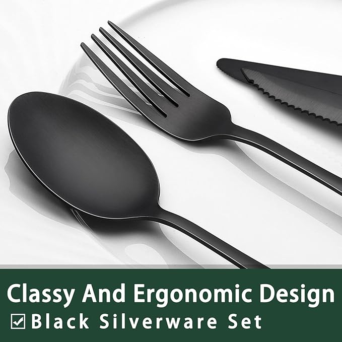 EWFEN 24-Piece Black Silverware Set with Steak Knives, Black Flatware Set for 4, Food-Grade Stainless Steel Tableware Cutlery Set, Mirror Finished Utensil Sets for Home Restaurant, Square Edge - Image 3