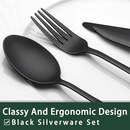 EWFEN 24-Piece Black Silverware Set with Steak Knives, Black Flatware Set for 4, Food-Grade Stainless Steel Tableware Cutlery Set, Mirror Finished Utensil Sets for Home Restaurant, Square Edge - Image 3