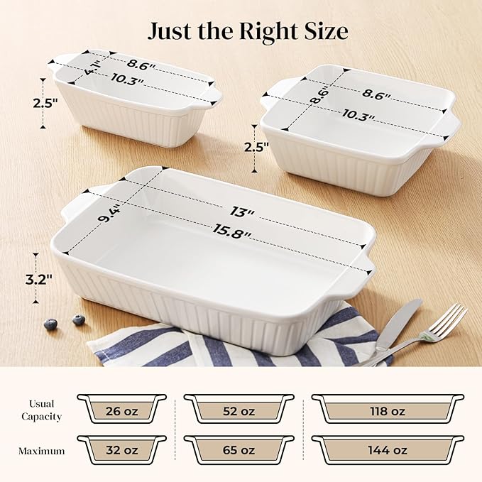 DOWAN Ceramic Casserole Dishes Set of 3, 13''/8''/4'', White - Image 2