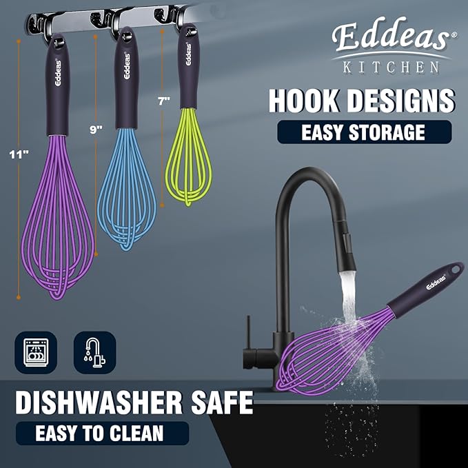 Eddeas Silicone Whisk, 500°F Heat Resistant Non Scratch Coated Whisks for Cooking Baking Balloon wisk, Kitchen Whisk Tool Set, for Stirring, Beating & Blending of 3 Size 7.5"+ 9" +11 inch - Image 5