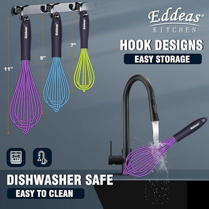 Eddeas Silicone Whisk, 500°F Heat Resistant Non Scratch Coated Whisks for Cooking Baking Balloon wisk, Kitchen Whisk Tool Set, for Stirring, Beating & Blending of 3 Size 7.5"+ 9" +11 inch - Image 5