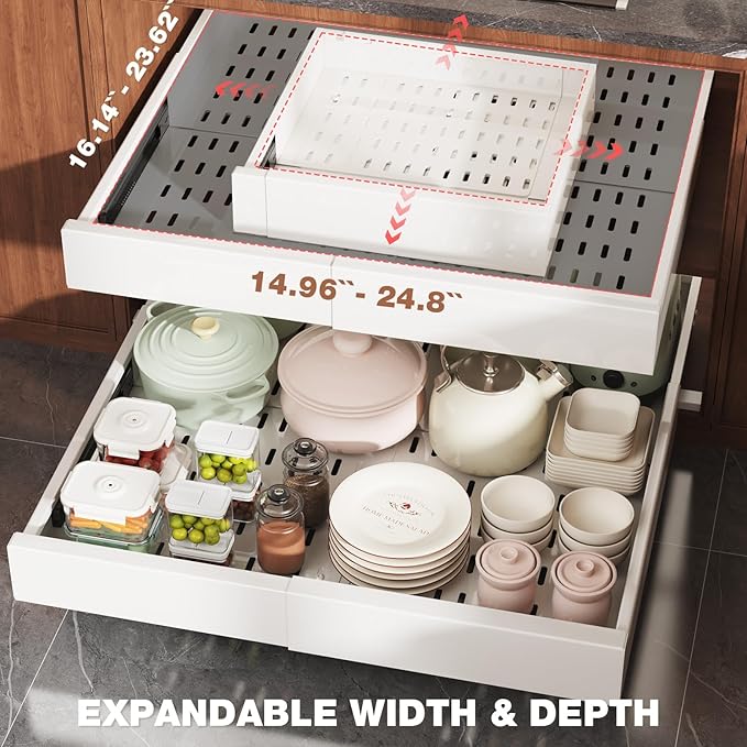 Seinloes 2 Pack Pull Out Cabinet Organizer Expandable Width(15"-25") and Depth(17"-24"),Slide Out Drawers With Raising Pad for Framed Cabinets,No Drill Roll Out Shelves for kitchen,Bathroom,White - Image 5
