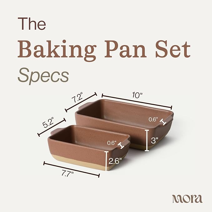 Mora Ceramic Set of 2 Baking Dishes For Casserole, Banana Bread, Brownies, Broiling, Roasting, and Baking. 7x11 in and Loaf Pans - Porcelain Serving Bakeware from Oven to Table. Freezer Safe - Terracotta - Image 2