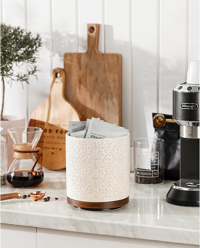 Kitchen Utensil Holder, 360° Rotating Extra Large Ceramic Utensil Holder with Embossed Pattern, 7.3” Cooking Utensil Crocks for Kitchen Countertop, Home Decor, Off-White - Image 2