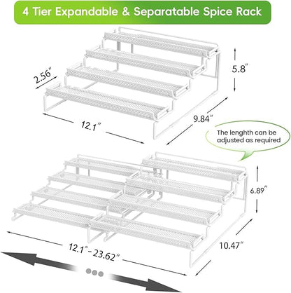 4 Tier Adjustable Spice Rack Organizer for Cabinet - White (2 PCS S&L) Expandable Spice Shelf with Protection Railing for Inside Cabinets, Countertop, Pantry Storage & Seasoning Organization - Image 4