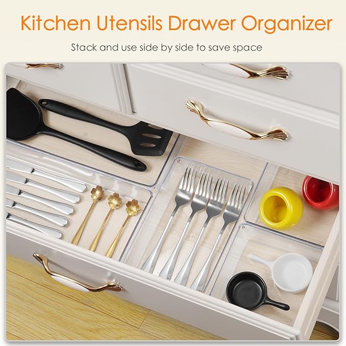 Criusia Drawer Organizer, 18 Pack Large Clear Plastic Kitchen Drawer Organizers Set, 6 Size Versatile Bathroom and Vanity Drawer Organizer Trays, Storage Bins for Makeup, Bedroom, Kitchen Utensils - Image 4