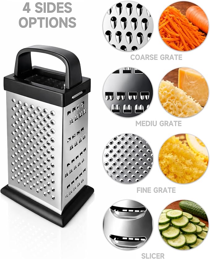 Cheese Grater, 4-Sided Mini Box Grater, Stainless Steel Food Shredder for Cheese, Parmesan & Vegetables, Dishwasher Safe, Black - Image 3