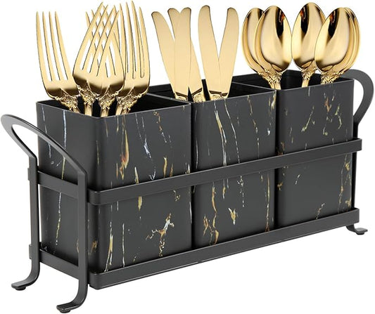 NelyBet Kitchen Utensil holder for Countertop, Silverware Caddy,Golden Marble Black Flatware Holder Utensil Cutlery Organizer for Party Gatherings, Metal and Durable Design