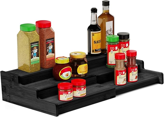 VenDotbi Spice Rack, 3-Tier Expandable Bamboo Spice Rack Organizer for Cabinet - Kitchen, Pantry and Cupboard Storage Organizer-Black by VenDotbi