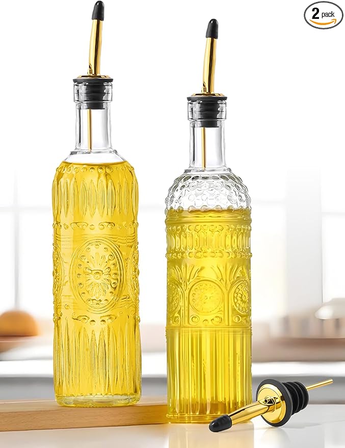 2 Pcs Olive Oil Dispenser Bottle for Kitchen,17oz Clear Glass Cooking Oil and Vinegar Dispenser Set, Coffee Syrup Dispenser with 2 Pourers and 1 Funnel (Two circles) by Ruiao