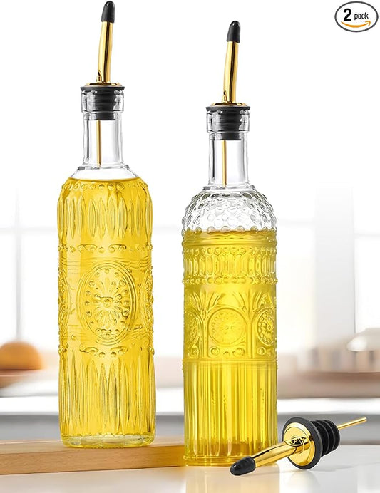 2 Pcs Olive Oil Dispenser Bottle for Kitchen,17oz Clear Glass Cooking Oil and Vinegar Dispenser Set, Coffee Syrup Dispenser with 2 Pourers and 1 Funnel (Two circles) by Ruiao