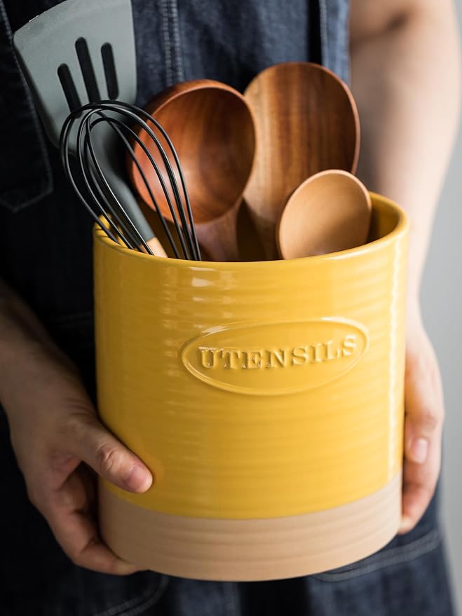 YHOSSEUN Kitchen Utensil Holder for Countertop, Ceramic Utensil Holder for Kitchen Counter, Cooking Utensil Crock for Spatula, Oval Shape, Yellow - Image 6