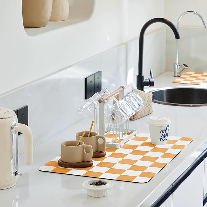 Ohocut Checkered Dish Drying Mat for Kitchen Counter, Coffee Bar Station Accessories, Retro Cute Fall Aesthetic Modern Absorbent Drainer Mat Kitchen Drying Mat Easy Clean, Orange 12" x 19" by Ohocut
