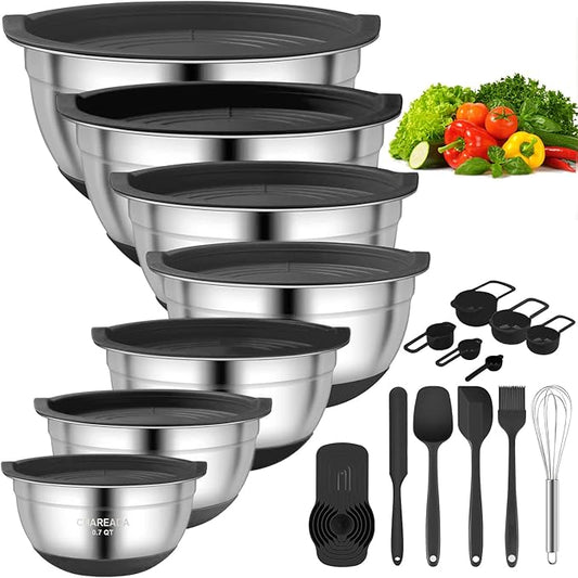 CHAREADA Mixing Bowls with Airtight Lids, 18pcs Stainless Steel Nesting Colorful Mixing Bowls Set Non-slip Silicone Bottom, Size 4.5, 3.6, 2.7, 2.1, 1.7, 1.1, 0.7 qt, Fit for Mixing & Serving (Black) by CHAREADA