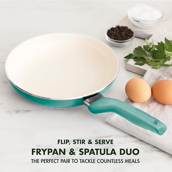 GreenPan Rio Healthy Ceramic Nonstick 8" Frying Pan Skillet and Silicone Spatula Set, Soft Grip Handle, Breaktfast Meal Set, PFAS-Free, Dishwasher Safe, Oven Safe, Turquoise - Image 3