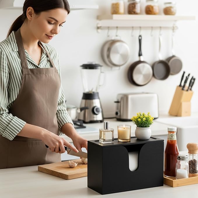 Paper Towel Dispenser Countertop, Wooden Bathroom Paper Towel Holder with Lid for Home Kitchen, Wall Mount Wood Napkin Holder, Trifold Paper Hand Towels Dispenser for Toilet Office Restroom