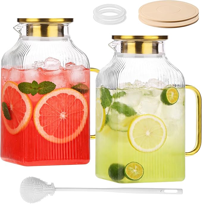 2 Pack 68oz/2 Liter Square Glass Pitcher with Handle and Lid, Classic Stripes Glass Water Pitcher with Handle for Fridge, Iced Tea, Coffee, Borosilicate Glass Carafe for Hot/Cold Brew Drink