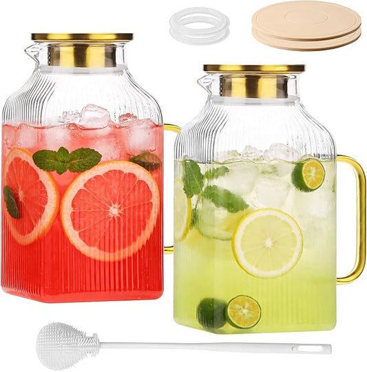 2 Pack 68oz/2 Liter Square Glass Pitcher with Handle and Lid, Classic Stripes Glass Water Pitcher with Handle for Fridge, Iced Tea, Coffee, Borosilicate Glass Carafe for Hot/Cold Brew Drink