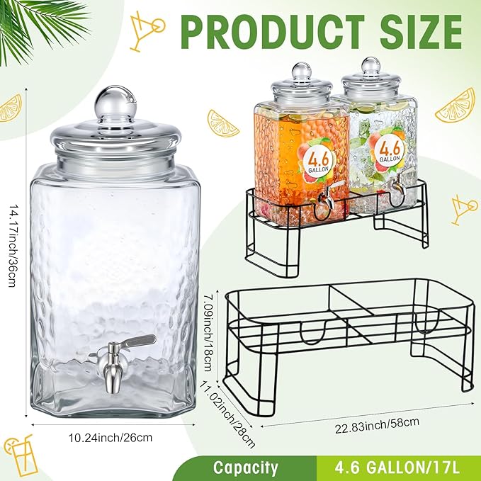 Honeydak 4.6 Gallon Glass Beverage Dispenser with Stand Stainless Steel Spigot Glass Lid Clear Iced Juice Container Leakproof Drink Dispenser Countertop Lemonade Water Jar for Wedding Party (2 Pack)