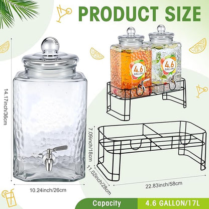 Honeydak 4.6 Gallon Glass Beverage Dispenser with Stand Stainless Steel Spigot Glass Lid Clear Iced Juice Container Leakproof Drink Dispenser Countertop Lemonade Water Jar for Wedding Party (2 Pack)