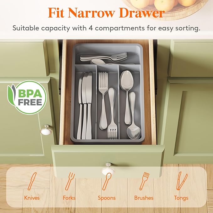 Lifewit Silverware Drawer Organizer Tray, Plastic Cutlery Storage for Kitchen, Flatware and Utensil Holder Divider for Spoons Forks Knives Tableware, 7.8 x 12.4", 4 Slots, Gray - Image 3