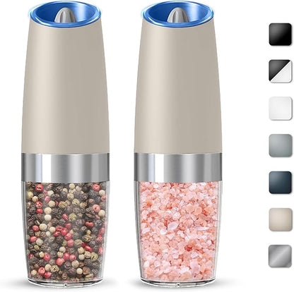 Gravity Electric Salt And Pepper Grinder Set, Automatic Salt And Pepper Grinder Set, Battery Powered (6 AAA Batteries Each), Adjustable Roughness, LED Light, 2 Pack, (Khaki) by KIARYUOLL