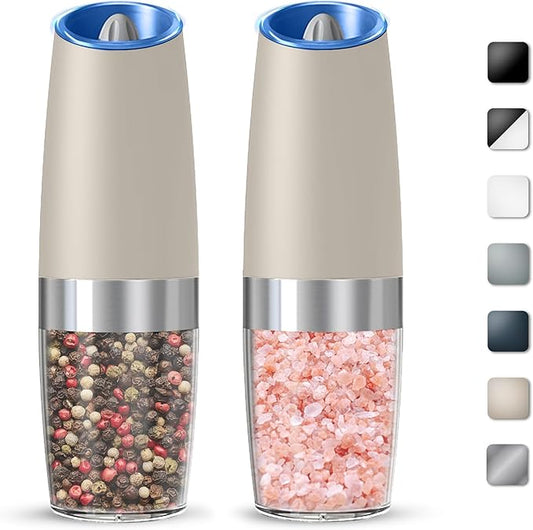 Gravity Electric Salt And Pepper Grinder Set, Automatic Salt And Pepper Grinder Set, Battery Powered (6 AAA Batteries Each), Adjustable Roughness, LED Light, 2 Pack, (Khaki) by KIARYUOLL