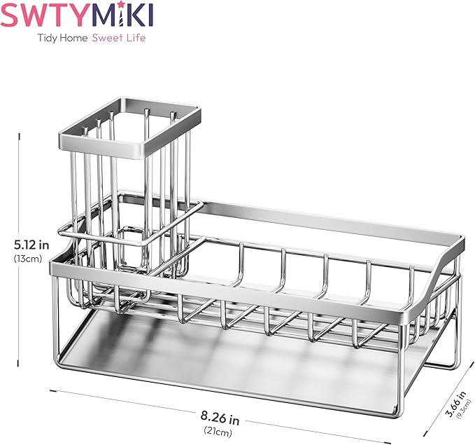 SWTYMIKI Sink Caddy Sponge Holder - Kitchen Sink Organizer with Stainless Steel Self Drain Tray & High Brush Holder for Countertop to Hold Dish Soaps and Sponges, Stainless Steel, Silver - Image 7