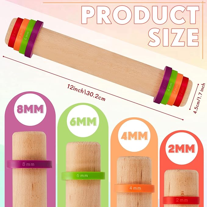 Ireer Adjustable Rolling Pin with Thickness Rings 12 Inch Wood Rolling Pin Wooden Round Tube Roller Clay Tool Pottery Rolling Mud Stick with Spacer Bands for Bar Art DIY Ceramics Craft Sculpting