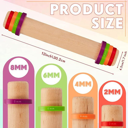 Ireer Adjustable Rolling Pin with Thickness Rings 12 Inch Wood Rolling Pin Wooden Round Tube Roller Clay Tool Pottery Rolling Mud Stick with Spacer Bands for Bar Art DIY Ceramics Craft Sculpting