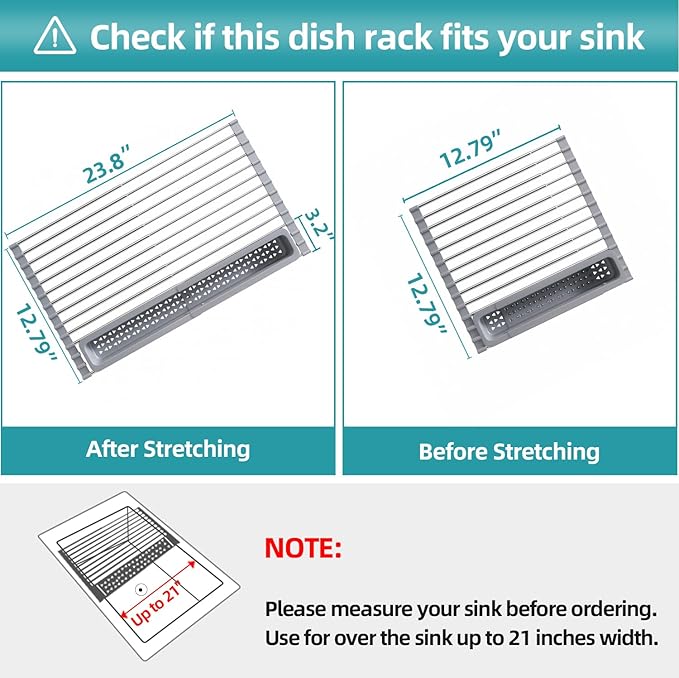 JASIWAY Roll Up Dish Drying Rack, Expandable (12.8"-23.8" D x 12.8" W) Stainless Steel Portable Drainer for Kitchen Sink Counter, Foldable Over The Sink Cover with Removable Utensil Holder - Image 2
