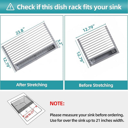 JASIWAY Roll Up Dish Drying Rack, Expandable (12.8"-23.8" D x 12.8" W) Stainless Steel Portable Drainer for Kitchen Sink Counter, Foldable Over The Sink Cover with Removable Utensil Holder - Image 2