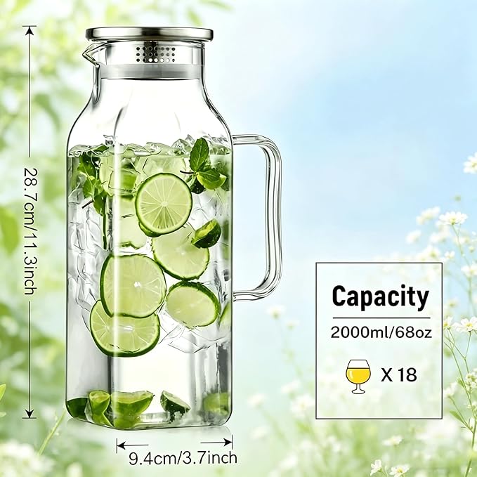 1 Pack 2 Liters/68 oz Square Glass Pitcher with Lid and Handle, Glass Carafe for Hot/Cold Water, Large Iced Tea Pitcher for Coffee, Juice