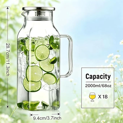 1 Pack 2 Liters/68 oz Square Glass Pitcher with Lid and Handle, Glass Carafe for Hot/Cold Water, Large Iced Tea Pitcher for Coffee, Juice