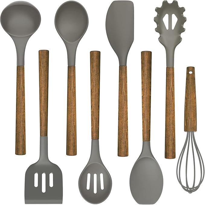 Umite Chef Silicone Cooking Utensil Set, 8-Piece Kitchen Utensils Set with Natural Acacia Wooden Handles,Food-Grade-Silicone Kitchen Gadgets and Spatula Set for Nonstick Cookware - Grey by UmiteChef