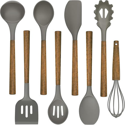 Umite Chef Silicone Cooking Utensil Set, 8-Piece Kitchen Utensils Set with Natural Acacia Wooden Handles,Food-Grade-Silicone Kitchen Gadgets and Spatula Set for Nonstick Cookware - Grey by UmiteChef