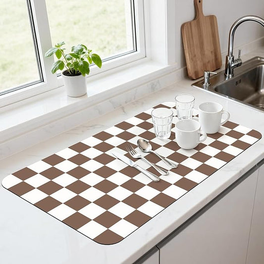 17" x 32" Checkered Dish Drying Mat for Kitchen Counter, Absorbent Coffee Bar Mat for Espresso Machine Coffee Countertops Accessories, Coffee Brown by Unknown