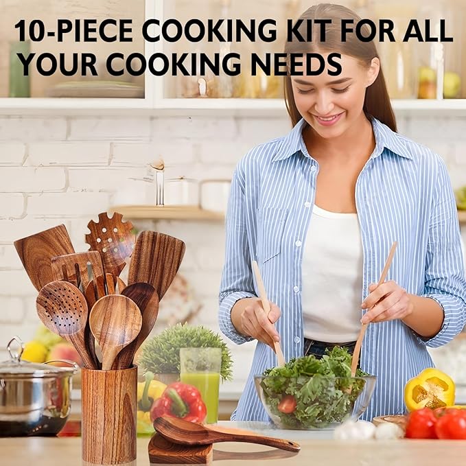 Wooden Spoons for Cooking 10 Pieces Set, Kitchen Utensils Spatula, Wooden Cooking Utensils Spoons, with Spoon Rest, Strainer Spoon, Pasta server, Fried Spatula and Salad Fork, Utensil Holder - Image 5