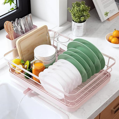 Kitsure Dish Drying Rack for Kitchen Counter, Stainless Steel Sink Organization and Storage Essentials with Cutlery Holder, Home and Appartment Decor, 12''W x 15.5''L, Pink by Kitsure