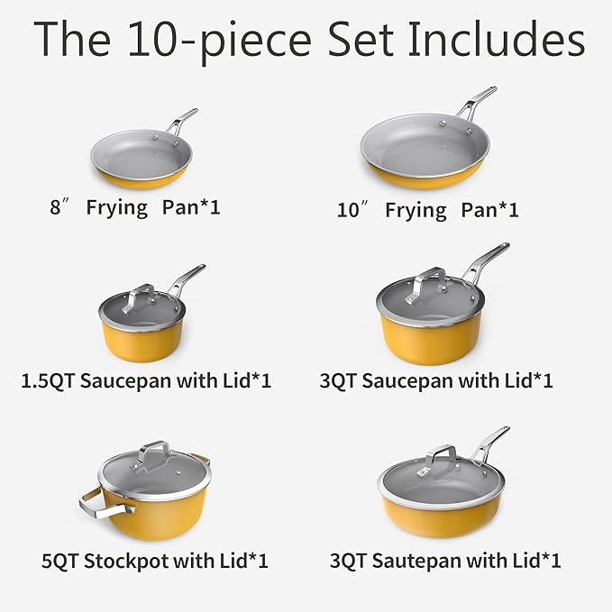 10-Piece Nonstick Ceramic Cookware Set, Non-Toxic Ceramic Coated Aluminum Pots and Pans with Lids, PFAS & PFOA &PTFE Free, Induction Compatible, Healthy Essential Kitchen Set -（Yellow)