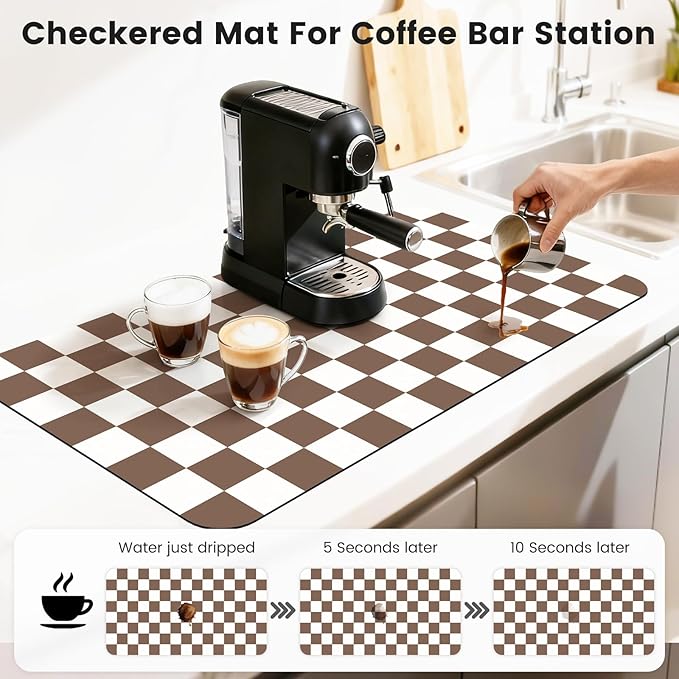 17" x 32" Checkered Dish Drying Mat for Kitchen Counter, Absorbent Coffee Bar Mat for Espresso Machine Coffee Countertops Accessories, Coffee Brown - Image 3