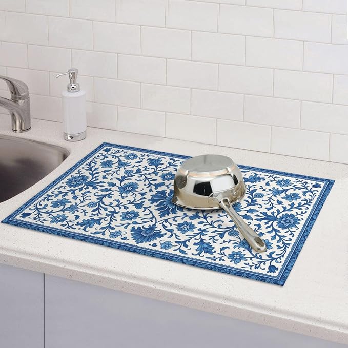Blue and White Pattern Dish Drying Mats for Kitchen Counter, Large 18"x24" Dish Mats for Drying Dishes, Microfiber Absorbent Dish Drying Pad Rack Mat Kitchen Decor Reusable Washable