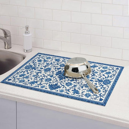 Blue and White Pattern Dish Drying Mats for Kitchen Counter, Large 18"x24" Dish Mats for Drying Dishes, Microfiber Absorbent Dish Drying Pad Rack Mat Kitchen Decor Reusable Washable
