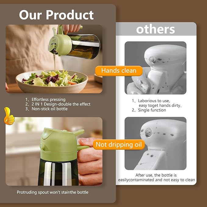 SWEET VIEW Olive Oil Dispenser and Oil Sprayer – 16oz/470ml Glass Light-Proof Oil Pourer for Kitchen, Air Fryer, Cooking, Salad, and BBQ - Image 6